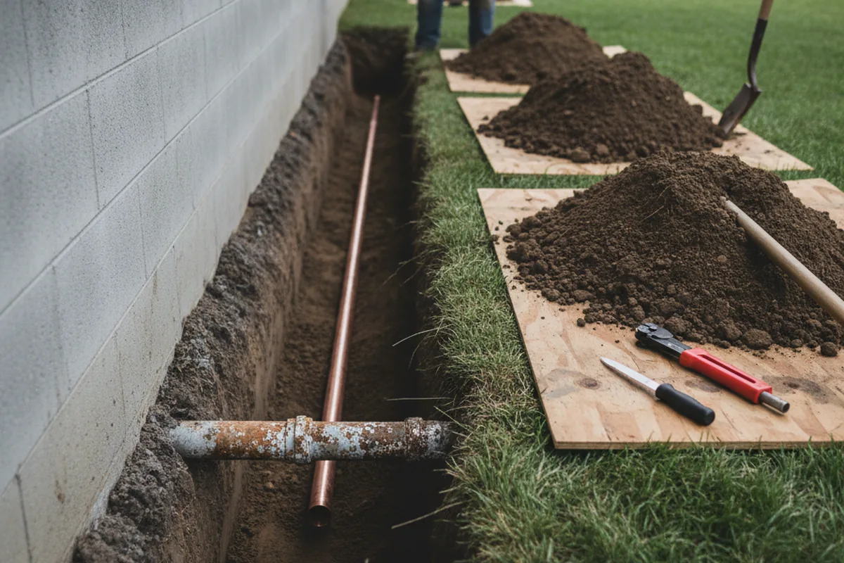 Excavated water line trench during Sewer Line Repair in Universal City